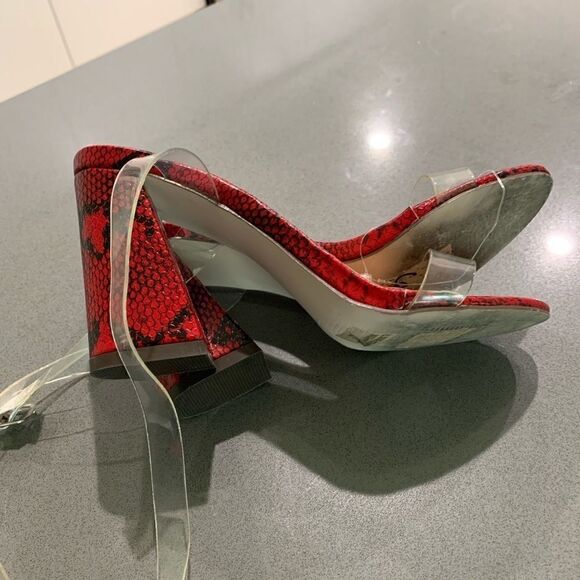Chase + Chloe Lennon-1 Black Red Transparent Snake Sandals Block Heels Size 7 - Picture 1 of 4